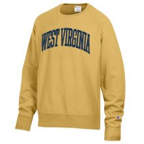 Gold reverse weave WVU crew sweatshirt with a West Virginia arched screen print graphic on the chest.